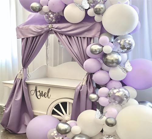 Image of Balloon Garland kit, pack of 63 pcs, Purple and silver chrome balloons with Paper butterfly for party decoratiom, home decoration items