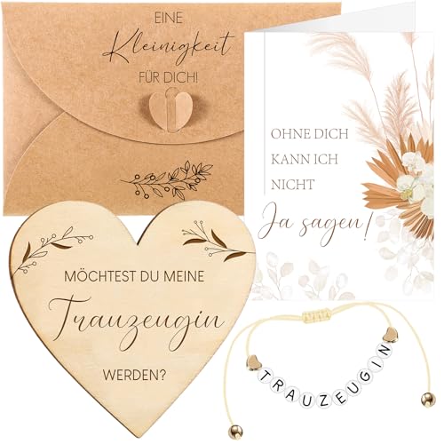 Neer Möchtest du Meine Trauzeugin Werden Set de Regalo Incluye Pulsera con Abecedario Cartel de Madera en Forma de Corazón Tarjeta y Sobres