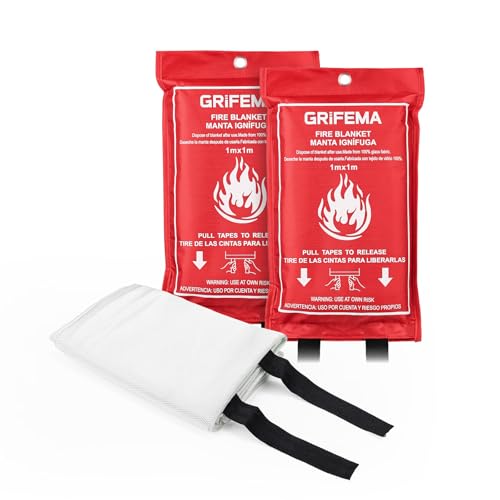 GRIFEMA GA3002 Manta ignífuga 100 x 100 cm EN 1869:2019 Fire Blanket Kitchen Adecuado para hogares, vehículos, oficinas, barbacoas al Aire Libre, chimeneas y almacenes（Paquete de 2）