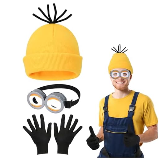 3PCS Accesorios de Disfraces Halloween Adultos Niños, Gafas Steampunk Gorro Amarillo Guantes Negros, Gafas Disfraz Accesorio de Disfraz Gracioso Hombre Mujer para Fiesta de Halloween Carnaval Cosplay