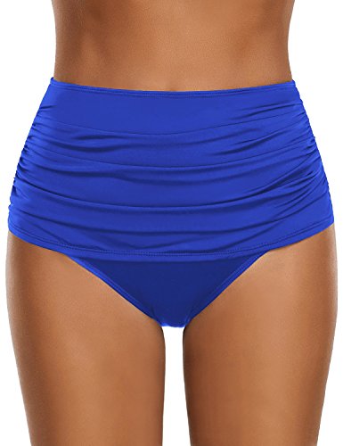 GRAPENT Women's High Waisted Swim Bottom Ruched Bikini Tankini Swimsuit Briefs Size S, Royal Blue