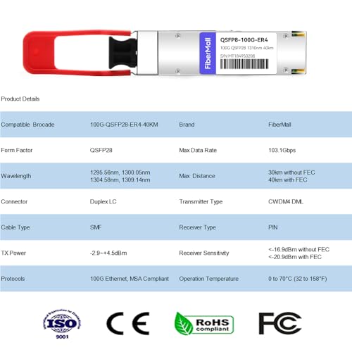 Image of QSFP28 100G ER4 Lite Transceiver Module,Compatible with Brocade 100G-QSFP28-ER4-40KM,100GBASE-ER4 QSFP28 1310nm LAN WDM 40km with FEC,30km Without FEC LC SMF DDM