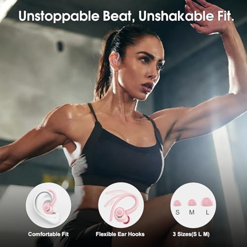 Image of Wireless Earbuds Bluetooth 5.3 Headphones Sports, 48H Earphone with ENC Mic, Stereo Deep Bass Bluetooth Earbuds with Secure Earhooks, LED Display, IPX7 Waterproof Over Ear Bud for Running /Workout Rose