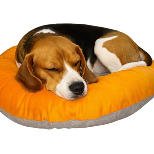 Image of The Pets Company Calming Dog & Cat Bed | Soft Fluffy Donut Reversible, Washable Pet Bed for Puppies | Cozy Plush Anti-Anxiety Cushion |, (L-30 Inch x B-30 Inch x H-5.5 Inch), Orange & Grey-Medium
