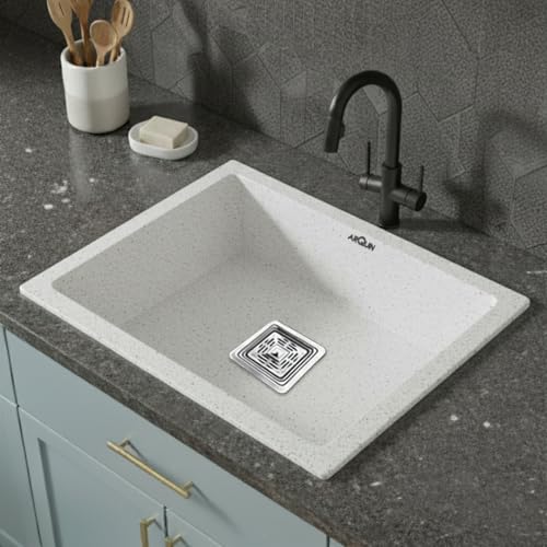 Image of ARQUIN Quartz Kitchen Sink 21x18x9 Inch Sand Pluto | Single Bowl Sink | Durable & Scratch-Resistant | Undermount /Topmount Including Coupling, Waste Pipe & Fruit Washing Basket