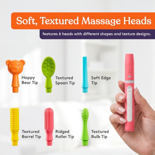 Image of Special Supplies Buzz Buddy Oral Motor Stimulation kit with 6 Soft Textured Interchangeable Heads, Calm Sensory Needs, Support Speech, and Stimulate Self Feeding, Gentle Vibrations (Pink)