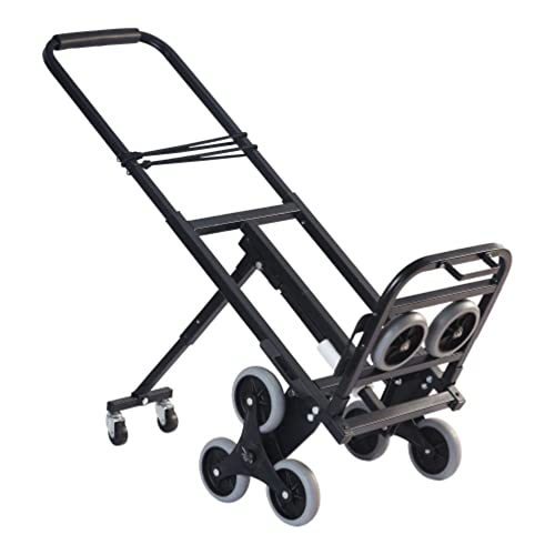 Image of HT150BS Staircase Climbing Hand Truck with Back Support 150kg Capacity Made of Durable Steel, with 360 Degree Swivel Wheels, Black Colour, (65x46x110cm), Portable Foldable Easily Storable