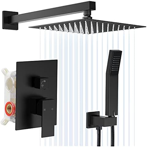 FGKQ Matte Black 12 Inch Rainfall Shower Head, Shower System with Hand Held Square Shower Head Bathroom Luxury Rain Mixer Shower Complete Combo Set Wall Mounted Cover