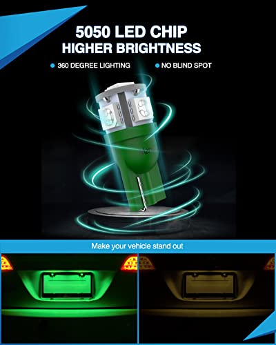 Image of Marsauto 194 LED Light Bulb Green, 168 T10 2825 LED Replacement Bulbs for Car Dome Map Door Courtesy License Plate Lights (Pack of 10)