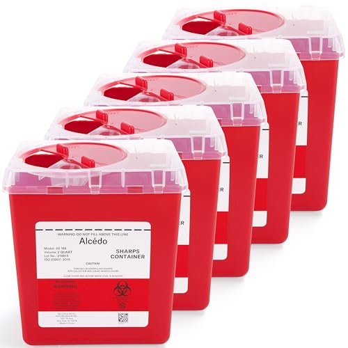 Image of Alcedo 2 Quart Sharps Container (5-Pack) for Needle & Syringe Disposal | Small & Portable, Built-In Needle Removal Port, Clear Lid, Ideal for Home, Travel & Professional Use