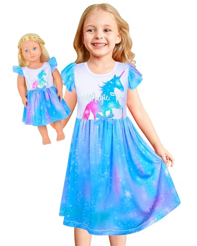 PASHOP Doll and Girl Matching Nightgown Flutter Sleeve Unicorn Princess Pajamas Night Dress for Girls and 18