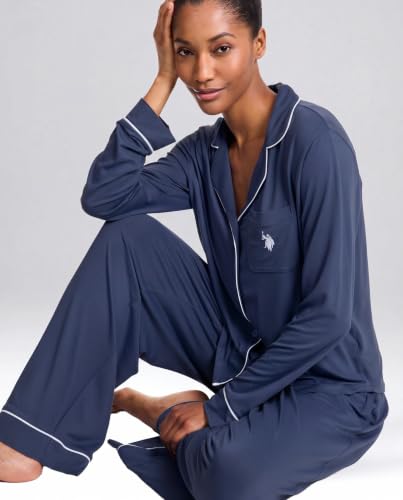 Image of U.S. POLO ASSN. Womens Lightweight Notch Collar Pajama Set | Classic Button Down Pajamas for Women with Long Sleeve Top and Pajama Pants