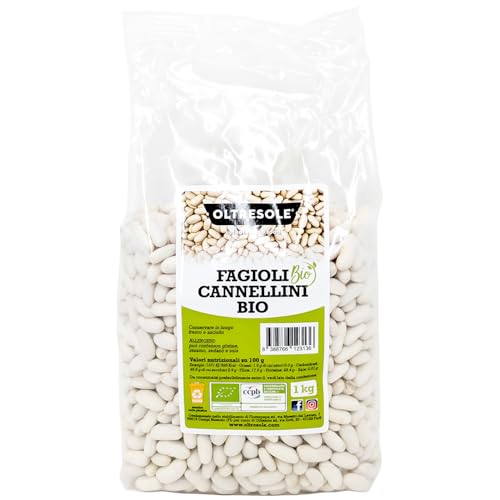 Oltresole, Haricots Cannellini Bio 1 Kg, Légumineuses sèches biologiques de culture contrôlée, riches en fibres, vitamines et sels minéraux, idéales pour les soupes et les salades, paquet familial