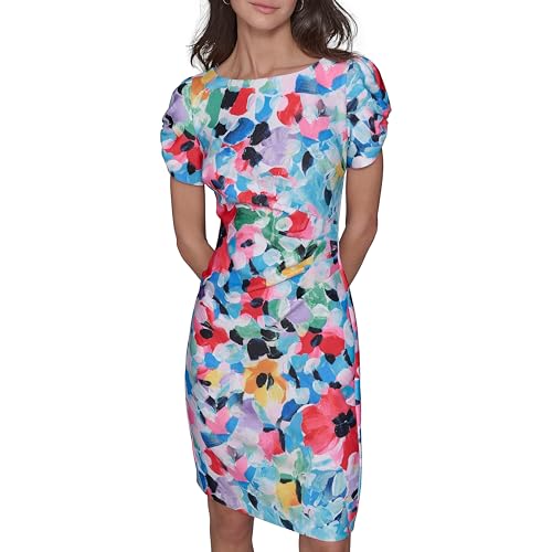 Image of KARL LAGERFELD Short Ruched Sleeve Jewel Neck Sheath Mini Dress