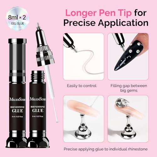 Image of MelodySusie 2Pcs Nail Rhinestone Glue, 3D Gel Nail Art Design Strong Adhesive Nail Gem Glue with Brush Pinpoint Nail Charms Gems Jewelry Decoration DIY Manicured at Home Cured Need
