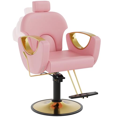 Image of Barber Salon Chair, Reclining Hair Salon Chair, 360 Degrees Swivel Styling Chair, Height Adjustable Hydraulic Shampoo Chairs, Spa Equipment (Pink)