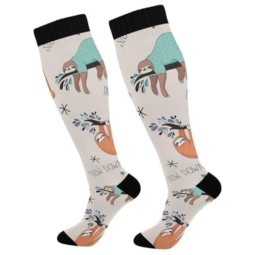 Vftphvr 2 Pairs Unisex Compression Crew Knee Soft Circulation Socks High Sock Long Athletic for Running,Travel,Cycling Print Orange Turquoise Sloths Seamless Style