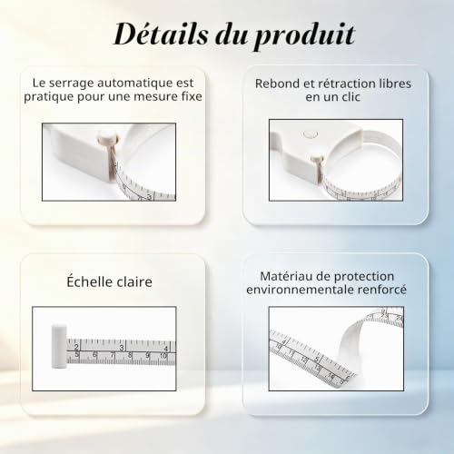 WINTAPE Mètre ruban pour le corps - 150 cm (60"), utilisation à une main, design compact et ergonomique - Moyen précis et confortable pour perdre du poids et tonifier les muscles (blanc) – vue 3
