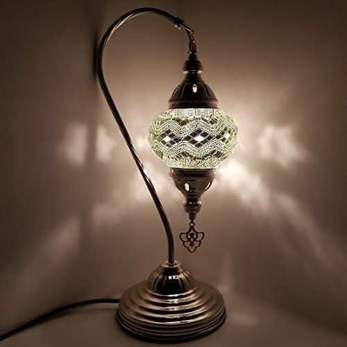 World Home Living Turkish Table Lamp Silver/Chrome Desk Light Glass Mosaic CE and UK Certified (White - A)