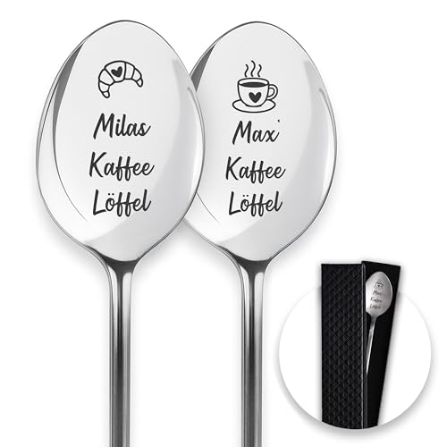 LAUBLUST Personalisierte Dessertlöffel mit Widmung | 2er‑Set Kaffeelöffel als Geschenk zur Hochzeit | Kaffee & Croissant - Müslilöffel als...