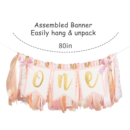 Image of Pre - strung Pink Highchair Banner - 1st One Birthday Highchair Banner for Princess Girls ONE Baby Shower Room Party Decor