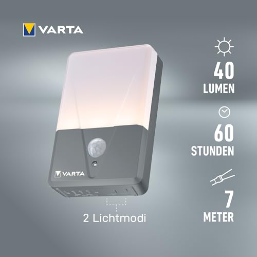 Varta Nachtlicht mit Bewegungssensor LED inkl. 3X AAA Batterien, Motion Sensor Outdoor Light, Installation: Schraube, Magnet oder 3M-Klebeband, Spritzwassergeschützt, automatische Abschaltung, Weiß