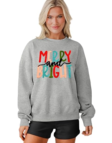 MAPICK Merry and Bright Sweatshirt for Women Crewneck Fleece Linend Oversized Tops Embroidery Festive Sweaters(Light Grey,X-Large)