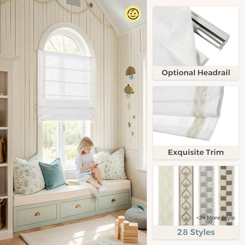 Image of TWOPAGES Liz No Drill Cordless Roman Shades Linen Textured Roman Blinds for Windows, Custom Made Room Darkening Blackout Roman Window Shades, Hardware Included, Snow White, 1 Piece