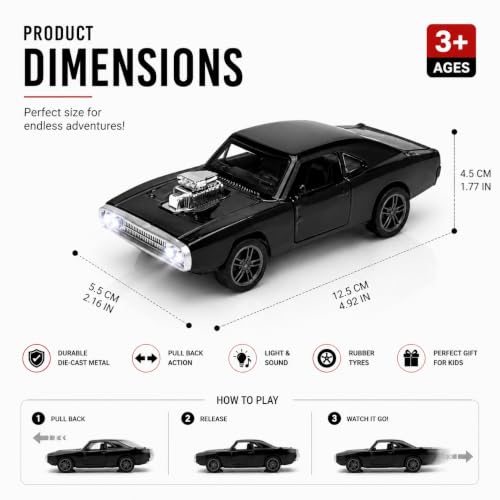 Image of 1970 Dodge Charger Fast & Furious - 1:36 Scale Die-Cast Alloy Toy Car for Kids | Pull-Back Model with Openable Doors, LED Lights & Engine Sounds (Black)