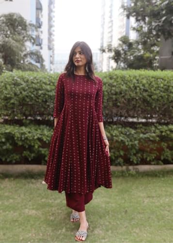 Image of GoSriKi Women Kurta Set | Rayon Viscose Printed Anarkali Kurta with Pant | Ethnic Wear for Women | Indian Casual Office Daily Summer Outfit
