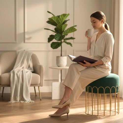Image of Premium Set of 2 Gold Metal Ottoman Pouffe stool & Footrest for Living Room & Bedroom | Bottle Green Soft & Classy Mosha Fabric With Arch frame | 18 inch height | Luxury Multipurpose Furniture & Decor