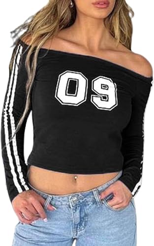 Wayolyn Off Shoulder Top Women Y2k Shirts Baby Tee Long Sleeve