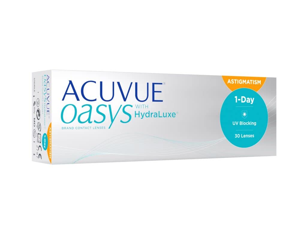 ACUVUE OASYS 1-Day for Astigmatism Kontaktlinsen – Tageslinsen mit komfortablem Tragegefühl – -7 dpt, Cyl -0,75, Ach 180 und BC 8.5 – Mit UV Schutz und Austrocknungsschutz – 30 Linsen