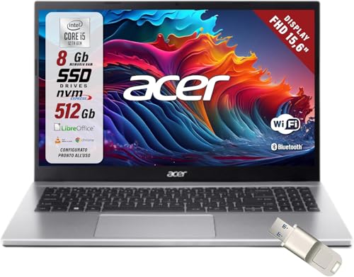 Notebook Acer edizione dedicata, Tastiera Italiana STANDARD QWERTY, Processore Intel Core i5-1235U, fino a 4,40 GHz, 10 Core, Scheda VIDEO intel Iris Ultra Hd 1920 x 1080, display FULL HD da 15,6 pollici narrow bezel ultra sottile, Memoria RAM 8 Gb DDR 4, DISCO SSD pCI nVME DA 512 Gb, Web cam HD A COLORI, 3 porte usb, wi-fi 6, HDMI, BLUETOOTH, lan 1 gigabit
