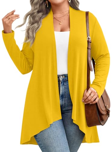 Anymiss Womens Plus Size Lightweight Cardigans 2026 Long Sleeve Jacket Open Front Kimono Yellow 2XL