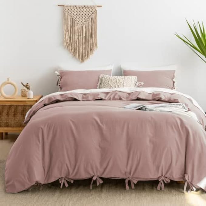 JELLYMONI 100% Washed Cotton Butterfly Bow tie Duvet Cover Set, Pink Queen Size Comforter Cover(3 Pieces, Pink, Queen)