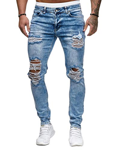 Jeans Déchiré Homme Slim Trou Vintage Biker Pantalon en Denim Extensible Jean Skinny Serré Pants Casual Jean Stretch Décontracté Vintage Pantalon Crayon...
