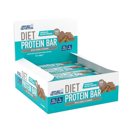 Applied Nutrition Diet Protein Bar, High Protein, Low Sugar Protein Snack Bar with Added Vitamins - Chocolate Salted Carmel (12 x 45g)