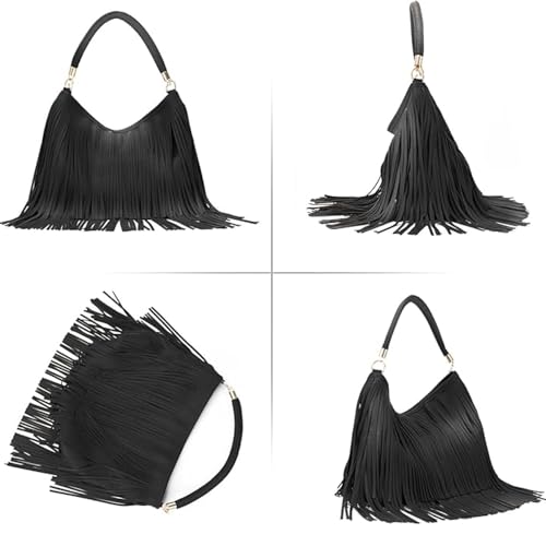 Image of IAMUHI Casual Rivets Fringed Shoulder Handbag for Women,Soft Vegan Leather Hippie Crossbody Purse Bag Hobo Bag
