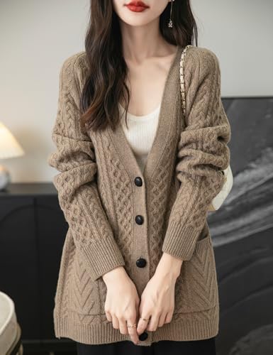 Image of Chanyarn Women's 100% Merino Wool Sweater 2025 Fall Winter V Neck Long Sleeve Vintage Cable Knitted Cardigan Sweater