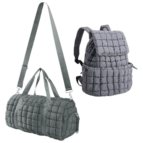 Quilted Travel Duffle Bag Gym Bag&Quilted Backpack Purse for Women,Large Puffer Duffle Weekender Bag Lightweight Puffer Puffy College Laptop Backpack with Compartment for Travel Gym Airplane(Grey)