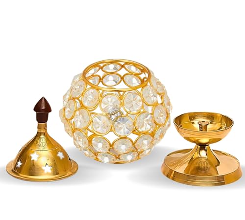 Image of DSH Brass and Crystal Akhand Diya for Puja Decorative Crystal Oil Lamp Tea Light Holder Home Decor Diwali Decoration Diya.
