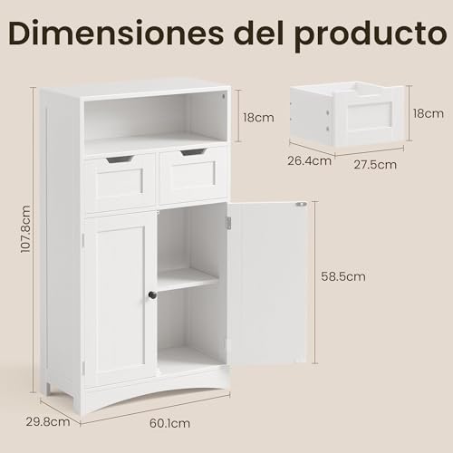 Miniatura 3 de Bealife Mueble De Baño, Armario De Piso, Armario De Almacenamiento Con 2 Puertas, 2 Cajones, Estante Ajustable, Para Baño, Pasillo, 60 X 30 X 108 Cm Blanco