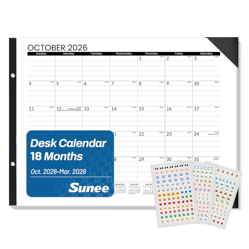 Image of SUNEE Desk Calendar 2026-2027 Large 22x17 from October 2026 to March 2028, Extra Large Desktop Monthly Calendar Pad 18 Months For Teacher or Office, Desk Top, Black