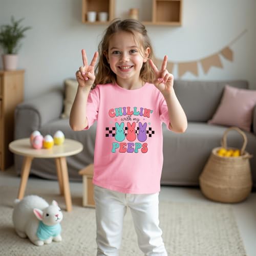 Image of CM C&M WODRO Kid Girl Funny Easter Bunny T Shirt Chillin' with My Peeps Letter Printed Shirt Short Sleeve Tee Tops