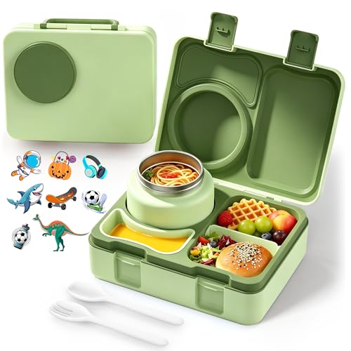 Similove Bento Lunch Box for Kids with 8oz Insulated Thermo Food Jar | Leakproof Kids Lunch Box Container with Sauce Jar, Utensil, DIY Stickers for School Boys Girls, 3-4 Compartments, BPA-Free