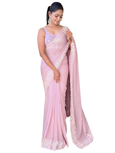 Image of AKHILAM Women's Multicolor Georgette Embellished Saree with Unstitched Blouse Piece(KESARI9501 KR Parent)
