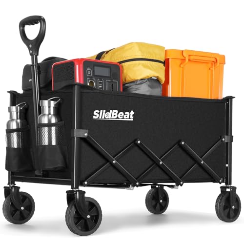 SLIDBEAT Chariot Pliable et Léger - 120L Capacité, pour Camping Courses Jardin Peche, Chariot de Transport Tout Terrain avec Roues 360° Démontables et Toile Lavable (2 Porte-Gobelets)
