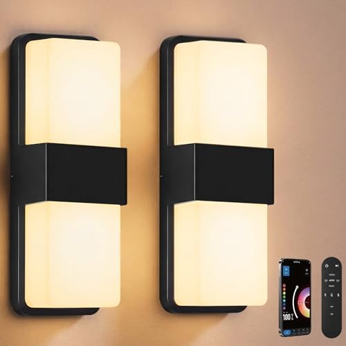 Outdoor Wall Lights, RGBCW Smart LED Lamp, Color Changing Front Door Sconce, Porch Lights Outdoor Light Fixture,12in Exterior Wall Sconces, Remote & Wi-Fi Control, IP65 Waterproof, 2 Pack