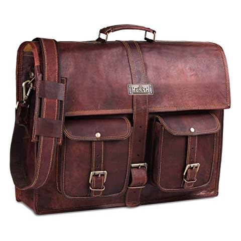 HULSH Leather Messenger Bag for Men 18 Inch, Vintage Handmade Genuine Leather Laptop Briefcase Computer Satchel Bag for Office Travel Use (Brown) Cover